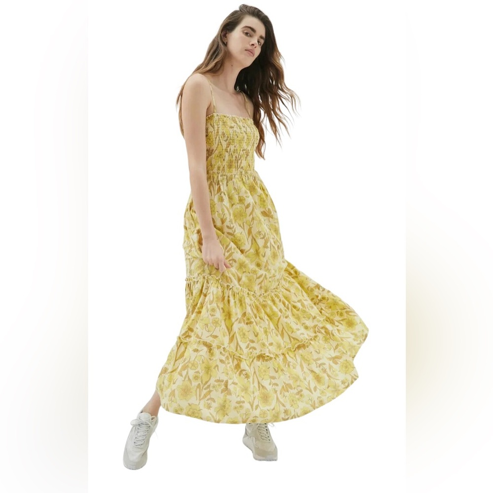 URBAN OUTFITTERS Yellow Floral Smocked Athena Midi Maxi Dress Sz Medium Ruffles